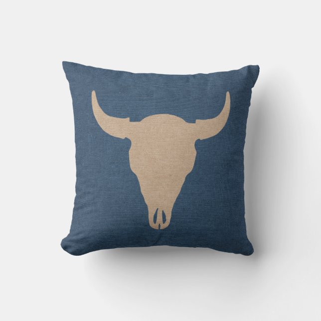 Bull Skull en Horns Denim Blue Kussen (Voorkant)