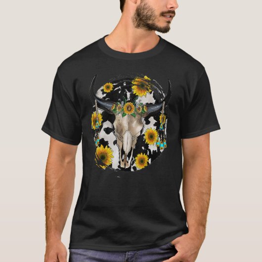 Bull Skull Leopard Cowhide Sunflower Western T-shirt (Voorkant)