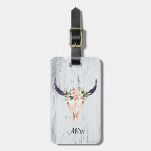 Bull Skull met roze bloemen Bagagelabel