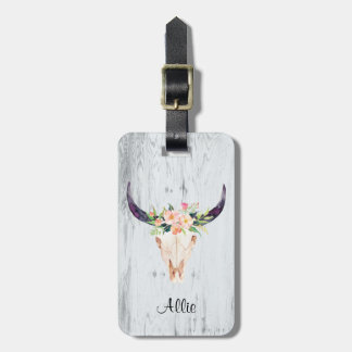 Bull Skull met roze bloemen Bagagelabel
