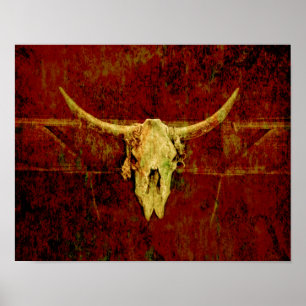 Bull Skull Western Land Brown Rustic Grunge Art Poster