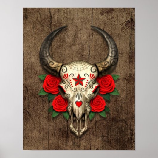 Bull Sugar Skull met rode rozen op hout Poster (Voorkant)