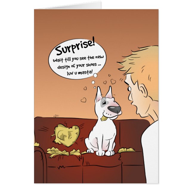 Bull Terrier Cartoon Kaart "Surprise" (Voorkant)