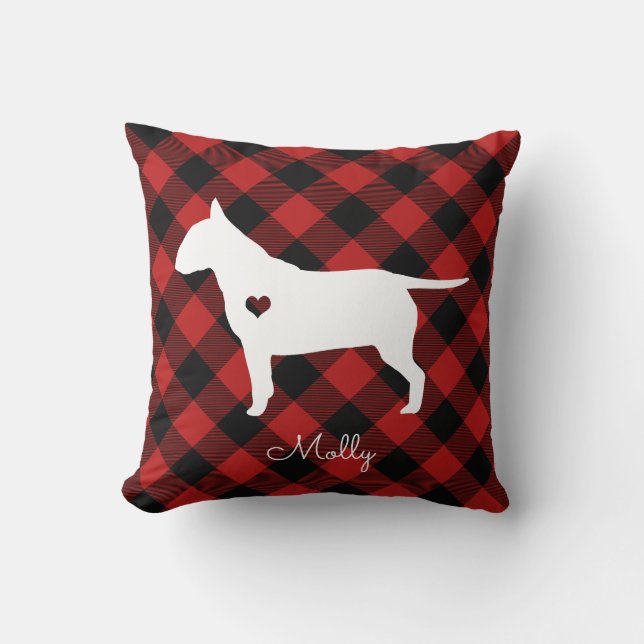 Bull Terrier Christmas Plaid Dog Naam Kussen (Voorkant)