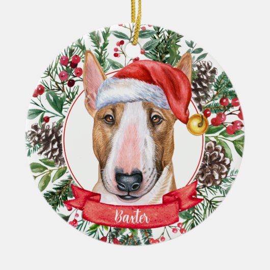 Bull Terrier Custom Santa Dog kerstversiering Keramisch Ornament (Voorkant)