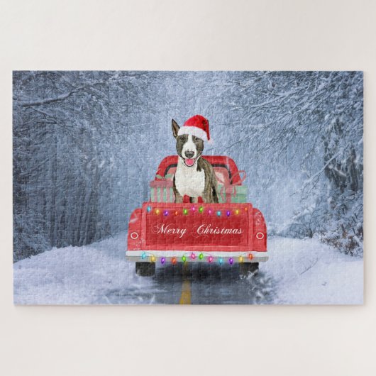 Bull Terrier Dog in Snow, met Kerstmis Legpuzzel (Horizontaal)