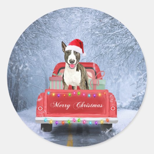 Bull Terrier Dog in Snow, met Kerstmis Ronde Sticker (Voorkant)