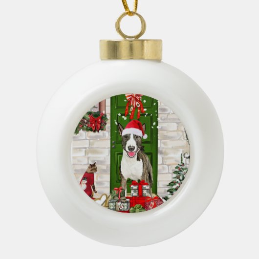 Bull Terrier Dog Kerstmis Keramische Bal Ornament (Voorkant)