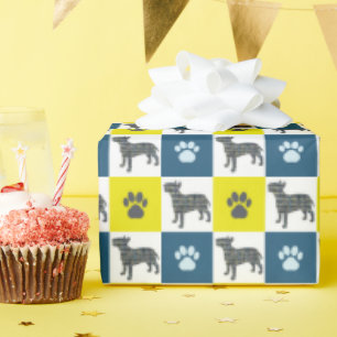 Bull Terrier Dog & Paw Yellow & Blue Grid Cadeaupapier