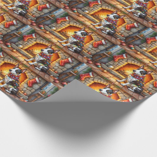 Bull Terrier Fireplace with Christmas Lights Cadeaupapier (Hoek)