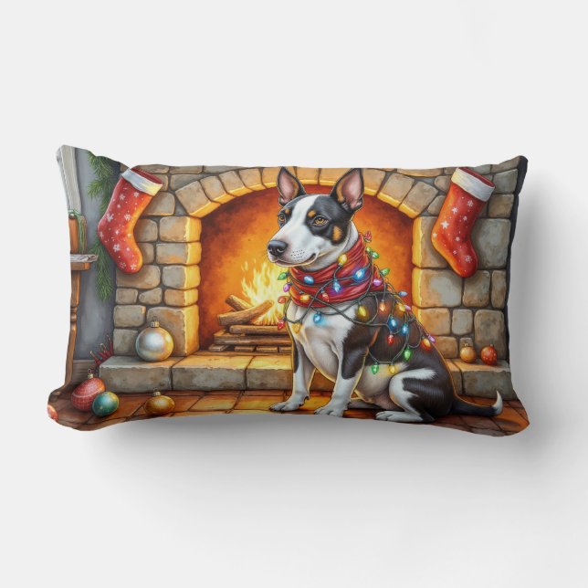 Bull Terrier Fireplace with Christmas Lights Kussen (Voorkant)