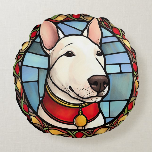 Bull Terrier Glas in lood Kerst Rond Kussen (Voorkant)