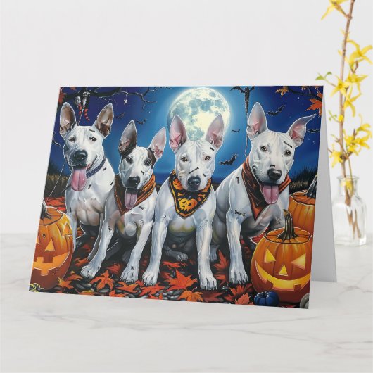 Bull Terrier Halloween Spooky Kaart (Gele Bloem)