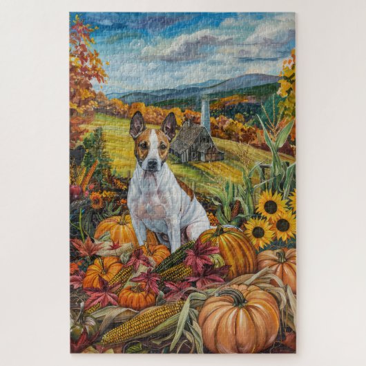 Bull Terrier Hond Herfst Oogst Thanksgiving Legpuzzel (Verticaal)