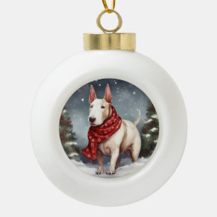 Bull Terrier hond in de sneeuw Kerstmis Keramische Bal Ornament