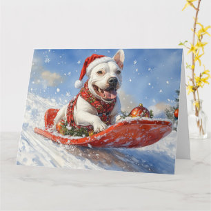Bull Terrier Hond in Sledge Laat het Sneeuw Kerstm Kaart