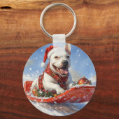 Bull Terrier Hond in Sledge Laat het Sneeuw Kerstm Sleutelhanger (Achterkant)