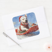 Bull Terrier Hond in Sledge Laat het Sneeuw Kerstm Vierkante Sticker (Envelop)