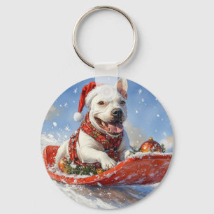 Bull Terrier hond in slee Laat het sneeuwen Kerstm Sleutelhanger