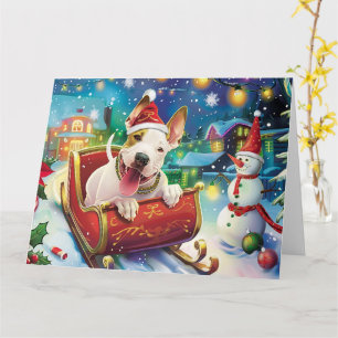 Bull Terrier Hond in Sleigh Sneeuw Kerstmis Kaart