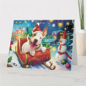 Bull Terrier Hond in Sleigh Sneeuw Kerstmis Kaart (Voorkant)
