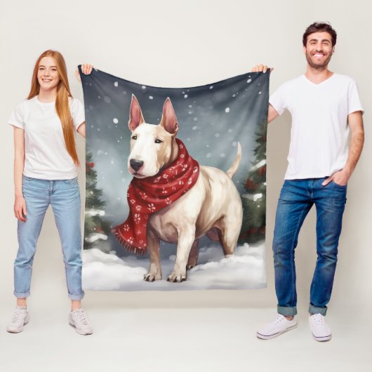 Bull Terrier Hond in Sneeuw Kerstmis Fleece Deken (In situ)