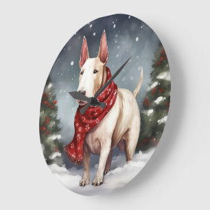 Bull Terrier Hond in Sneeuw Kerstmis Grote Klok