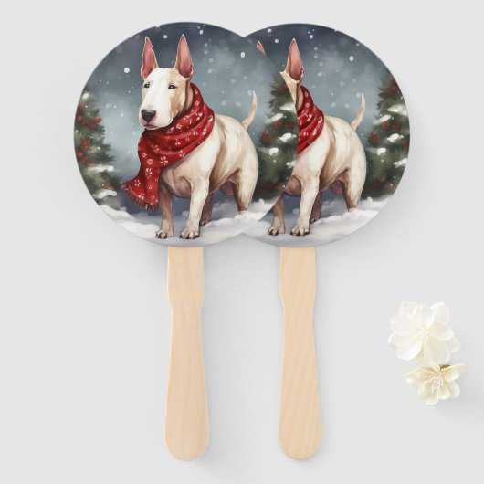 Bull Terrier Hond in Sneeuw Kerstmis Handwaaier (Voorkant en achterkant)