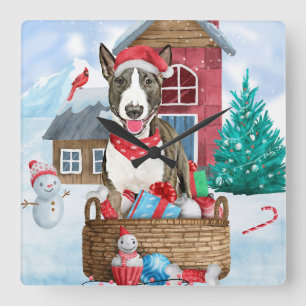 Bull Terrier hond in sneeuw Kerstmis Hondenhok Vierkante Klok