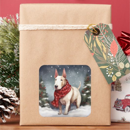 Bull Terrier Hond in Sneeuw Kerstmis Vierkante Sticker (Feestdagen)