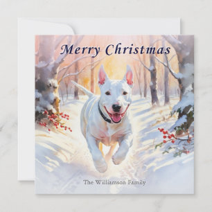 Bull Terrier-hond in wintersneeuw vrolijk kerstfee Feestdagenkaart