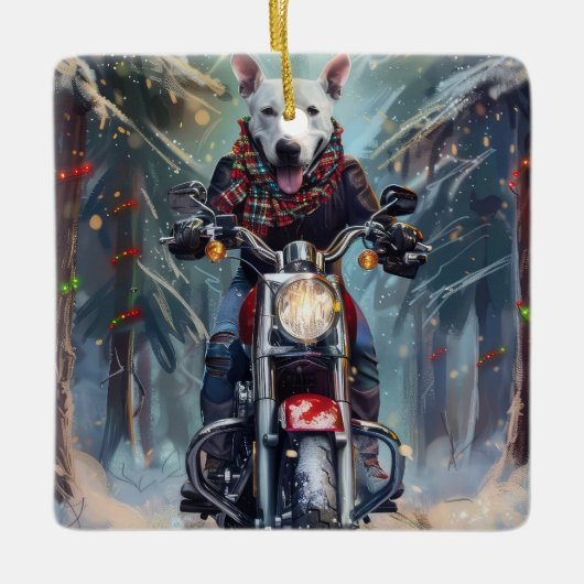 Bull Terrier Hond Rijden Motorfiets Kerstmis Keramisch Ornament (Voorkant)