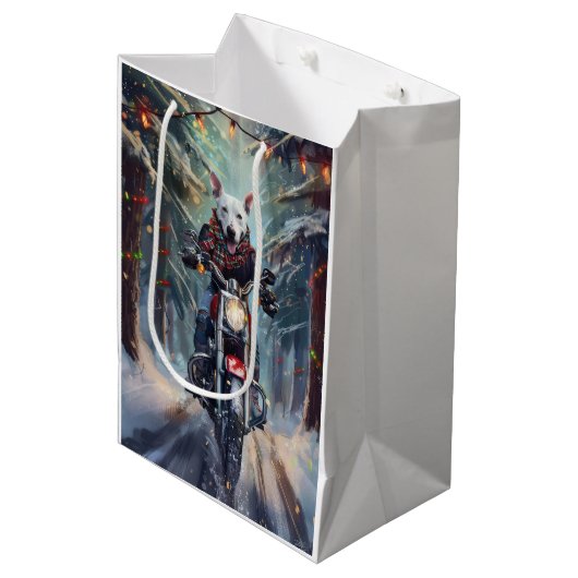 Bull Terrier Hond Rijden Motorfiets Kerstmis Medium Cadeauzakje (Voorkant Gekanteld)