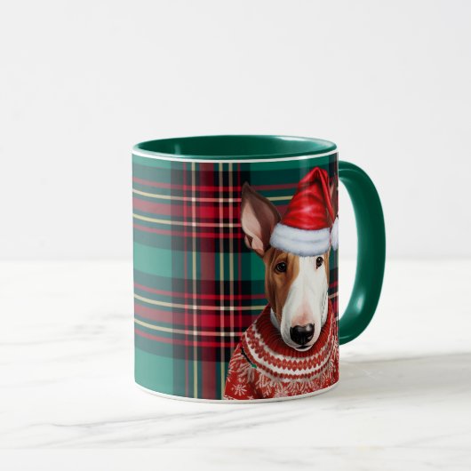 Bull Terrier Hond Rood en Groen Geplaagd Kerstmis Mok (Voorkant rechts)