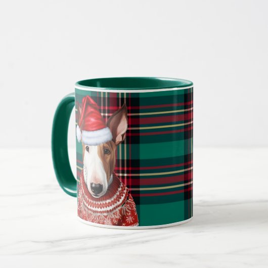 Bull Terrier Hond Rood en Groen Geplaagd Kerstmis Mok (Voorkant links)