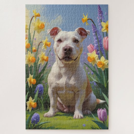 Bull Terrier Hond Spring Bloemen Schilderen Legpuzzel (Verticaal)