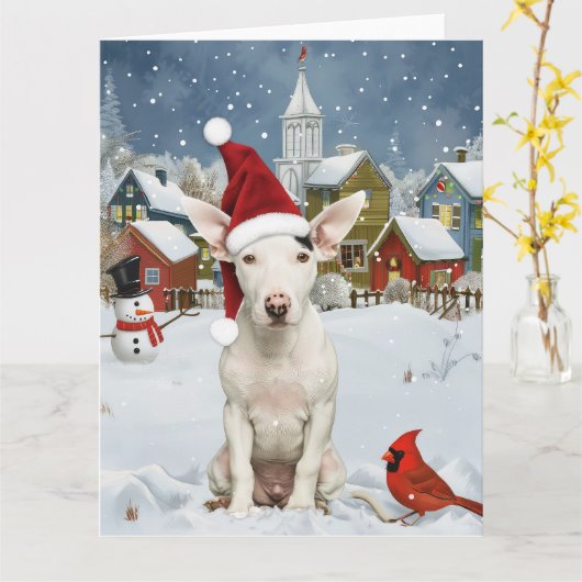 Bull Terrier Hond Winter Wonderland Kerstvreugde Kaart (Gele Bloem)