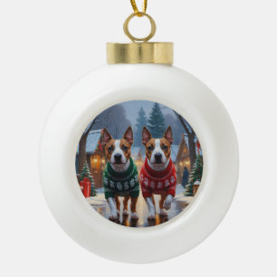 Bull Terrier Honden Kerst Sneeuw Vakantie Keramische Bal Ornament