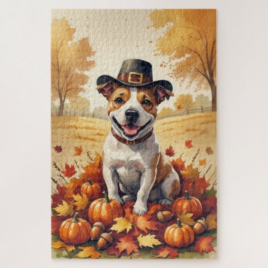 Bull Terrier in de herfst verlaat Thanksgiving kun Legpuzzel (Verticaal)