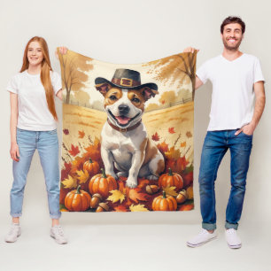 Bull Terrier in Herfstbladeren Thanksgiving Kunst Fleece Deken