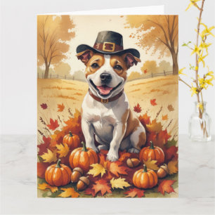Bull Terrier in Herfstbladeren Thanksgiving Kunst Kaart