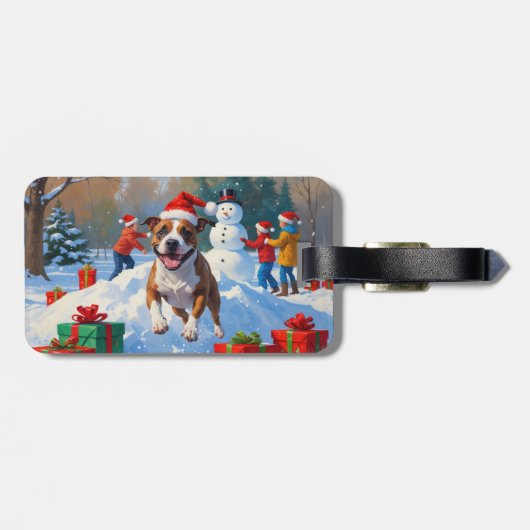 Bull Terrier Kerstfeest Sneeuwscène Bagagelabel (Achterkant horizontaal)
