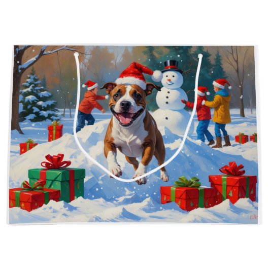 Bull Terrier Kerstfeest Sneeuwscène Groot Cadeauzakje (Voorkant)
