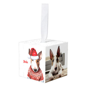 Bull Terrier Kersthond Twee Foto Vakantie Kubus Ornament