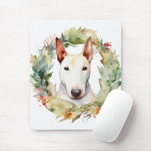 Bull Terrier Kerstkrans Feestelijke Pup Muismat (Met muis)