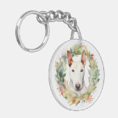 Bull Terrier Kerstkrans Feestelijke Pup Sleutelhanger (Voorkant Links)