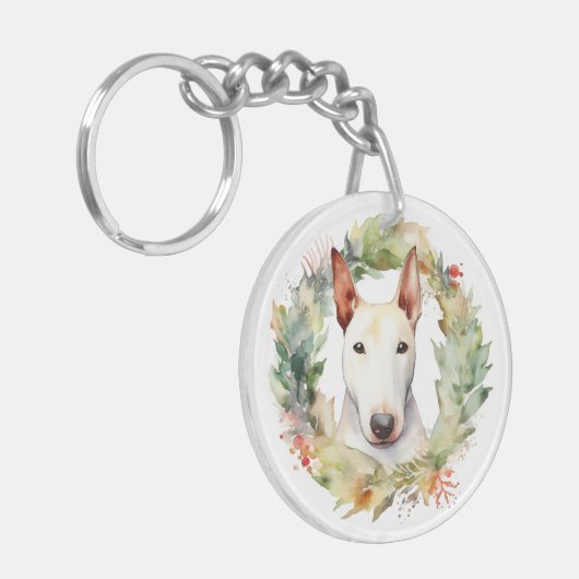 Bull Terrier Kerstkrans Feestelijke Pup Sleutelhanger (Voorkant Links)