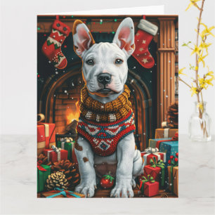 Bull Terrier met kerstcadeaus open haard Kaart