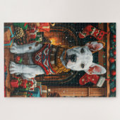Bull Terrier met kerstgeschenken open haard Legpuzzel (Horizontaal)