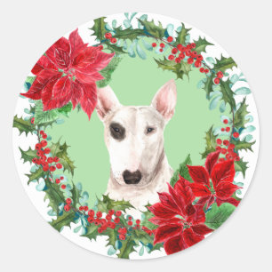 Bull Terrier Poinsettia Holly Kerstmis Wreath Ronde Sticker